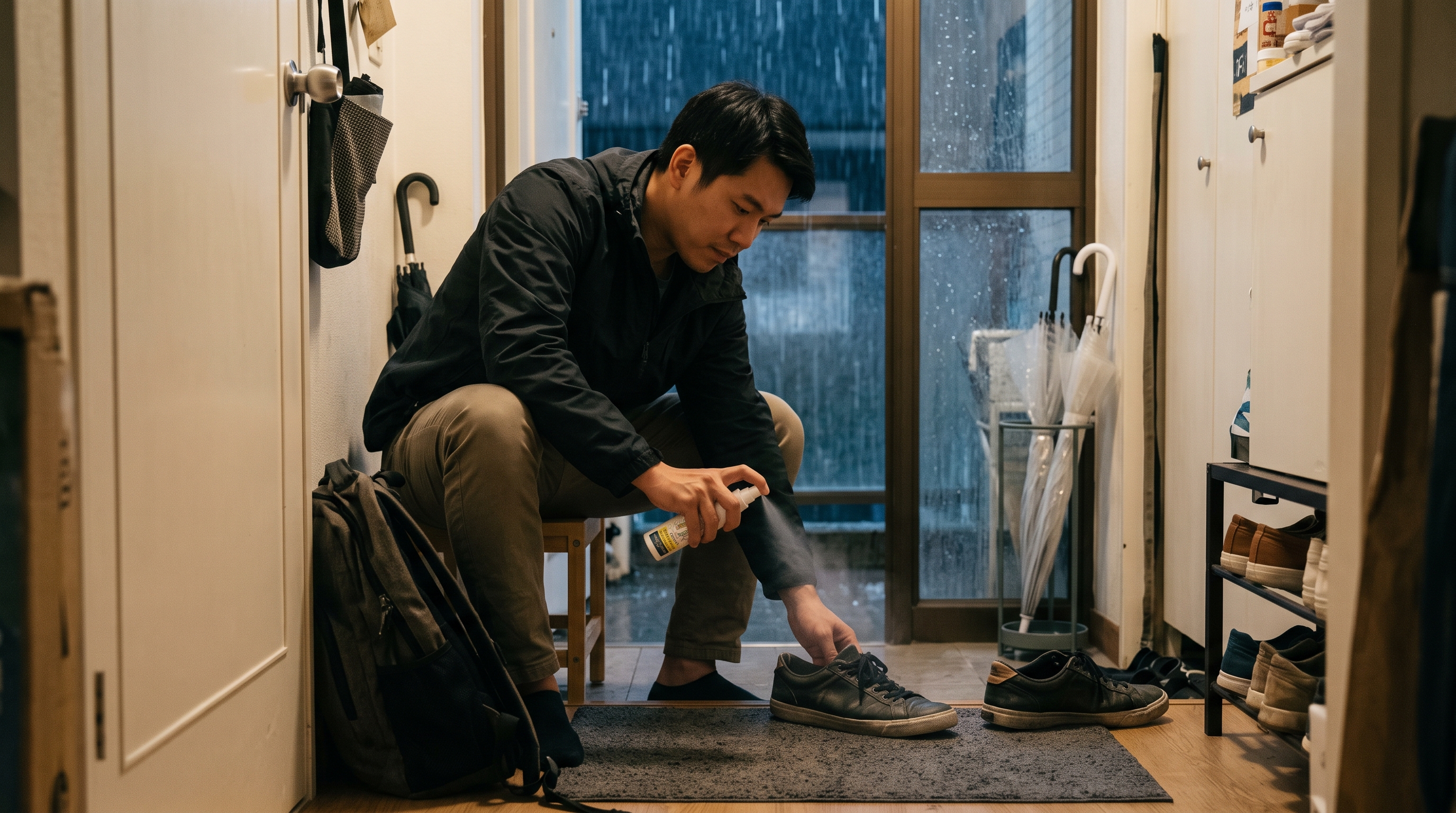 Foot odor spray in use