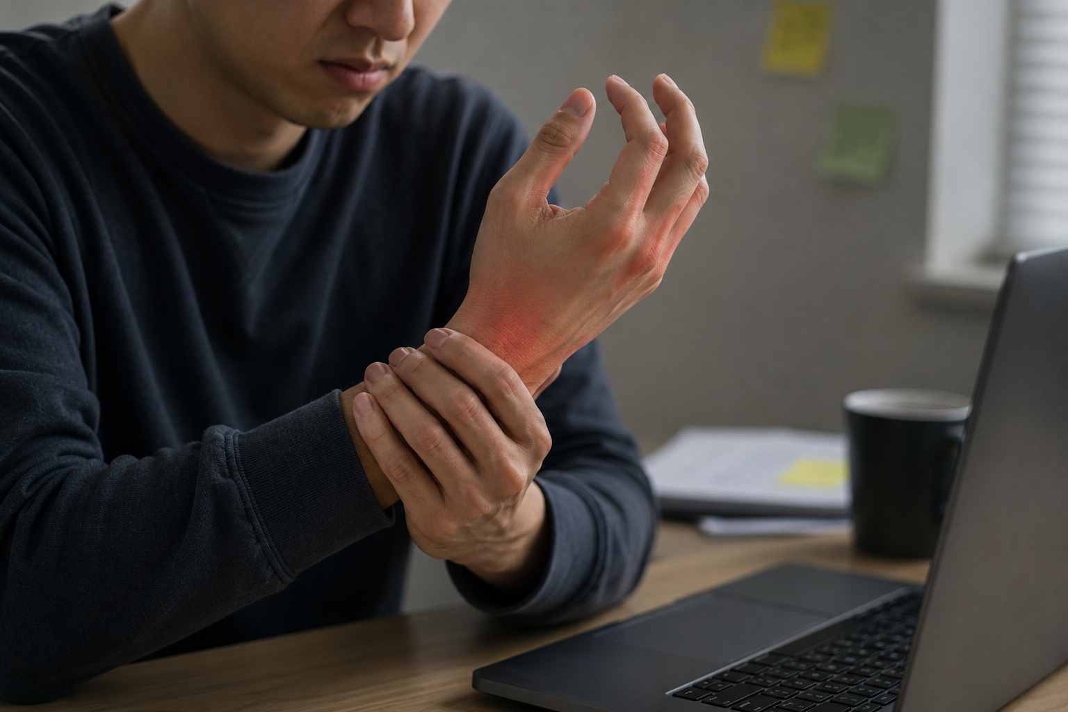 Working professional experiencing hand stiffness and pain after hours on laptop